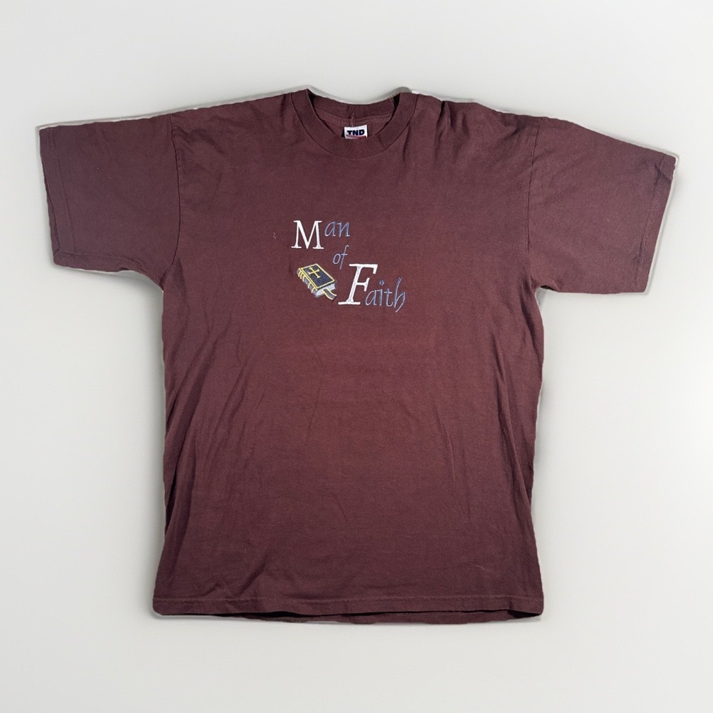 Vtg Embroidered "Man Of Faith" Religious Shaka Active T-Shirt Size L Brown